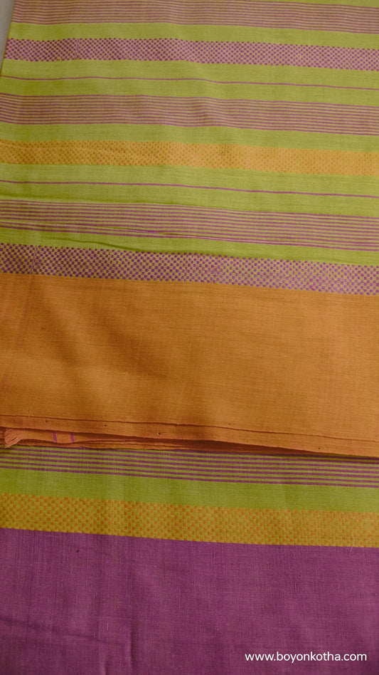 Threads of Sunset - Neon Green Dhonekhali Handloom Cotton Saree with Pink and Yellow Woven Stripes