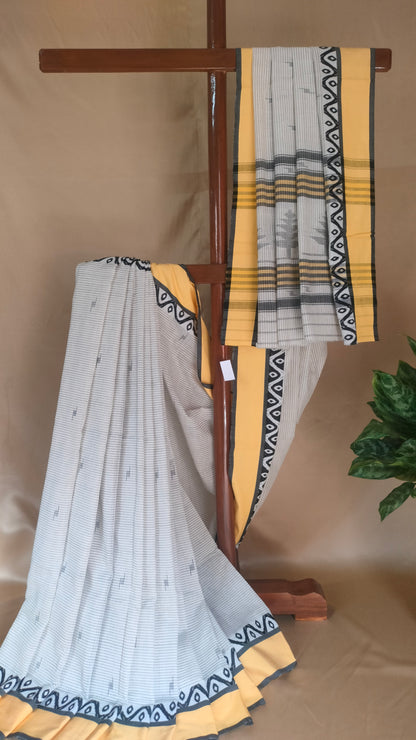 Basantarekha - Off-white Bengal Handloom Cotton Saree with Yellow Border