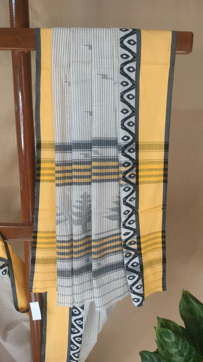 Basantarekha - Off-white Bengal Handloom Cotton Saree with Yellow Border