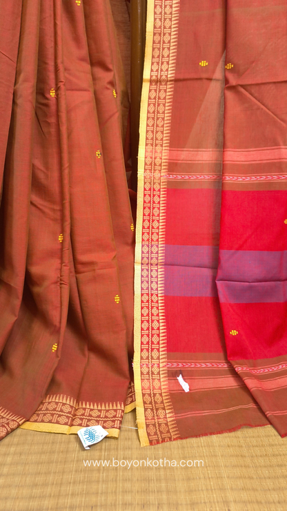Rust Dhonekhali handloom cotton saree with red & blue stripes in the pallu and beige woven thin border; Ideal for office wear, casual gathering.