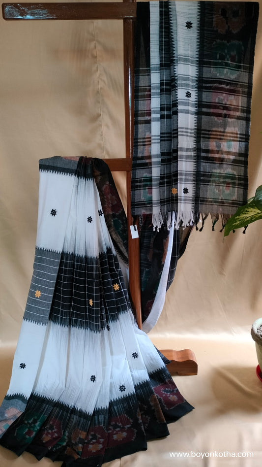 Mosaic Twilight - White and Black Dhonekhali Cotton Saree with Ikat Accents