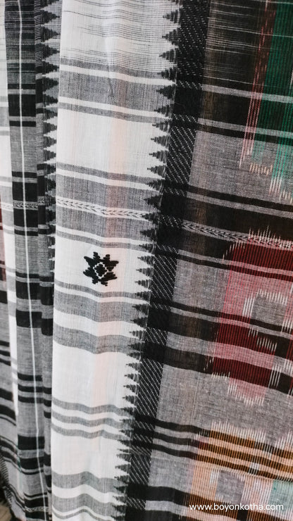 Mosaic Twilight - White and Black Dhonekhali Cotton Saree with Ikat Accents