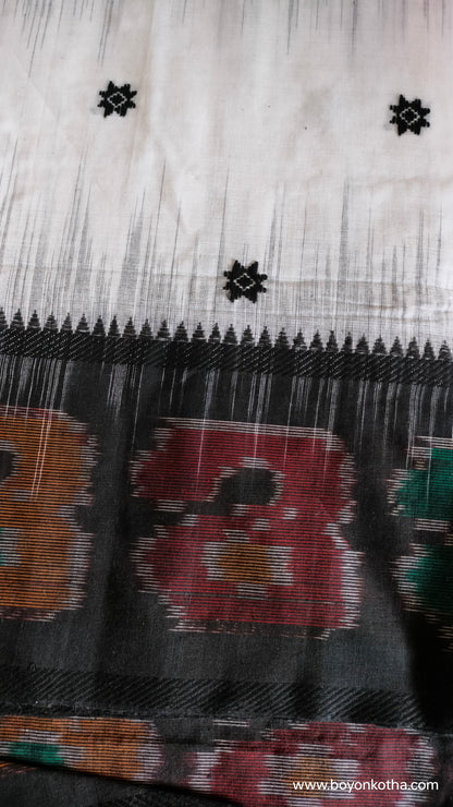Mosaic Twilight - White and Black Dhonekhali Cotton Saree with Ikat Accents