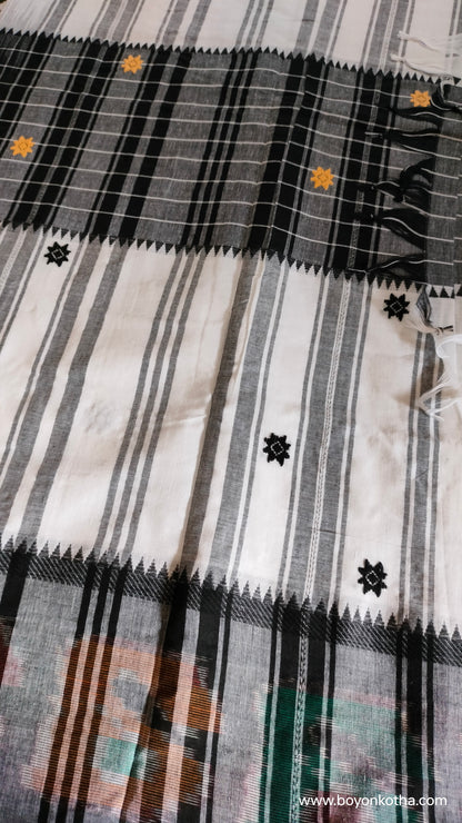 Mosaic Twilight - White and Black Dhonekhali Cotton Saree with Ikat Accents