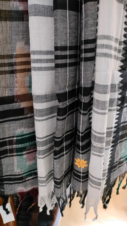 Mosaic Twilight - White and Black Dhonekhali Cotton Saree with Ikat Accents
