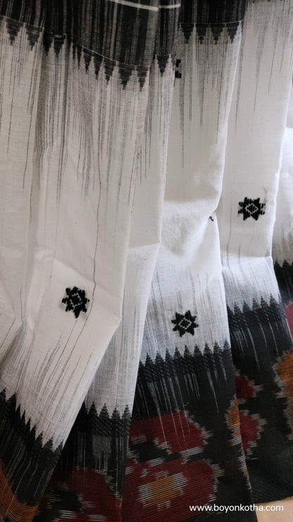 Mosaic Twilight - White and Black Dhonekhali Cotton Saree with Ikat Accents