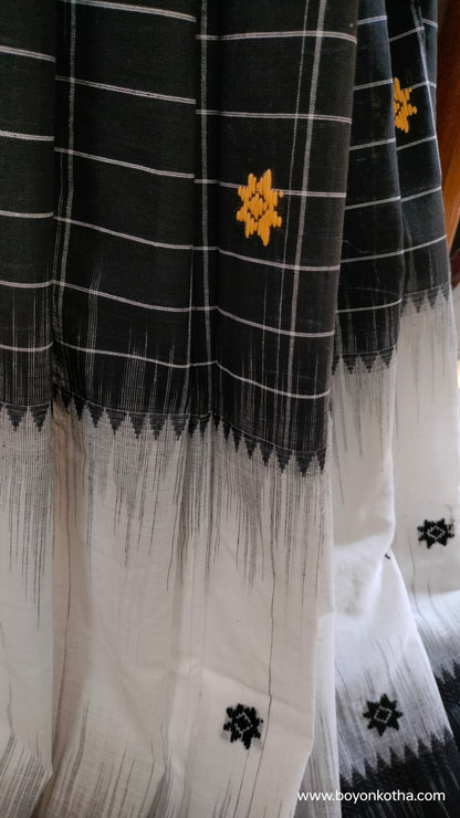 Mosaic Twilight - White and Black Dhonekhali Cotton Saree with Ikat Accents