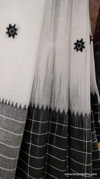 Mosaic Twilight - White and Black Dhonekhali Cotton Saree with Ikat Accents