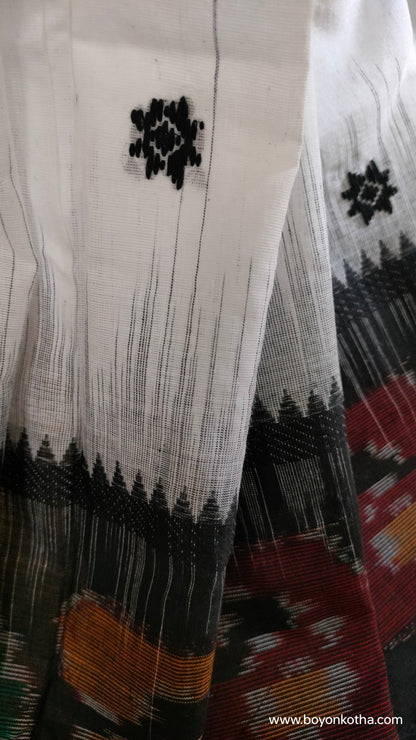 Mosaic Twilight - White and Black Dhonekhali Cotton Saree with Ikat Accents