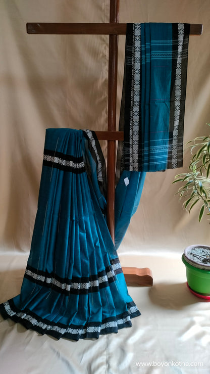 The  Loom of Midnight - Deep Teal Blue Dhonekhali Handloom Cotton Saree