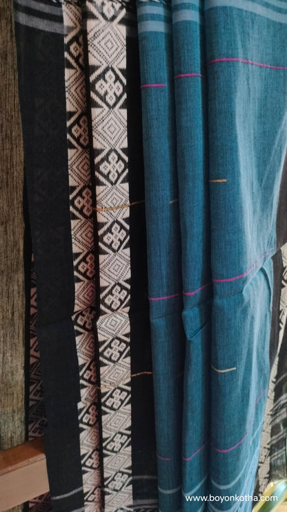 The  Loom of Midnight - Deep Teal Blue Dhonekhali Handloom Cotton Saree