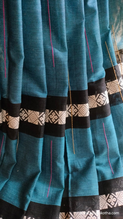 The  Loom of Midnight - Deep Teal Blue Dhonekhali Handloom Cotton Saree