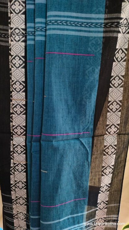 The  Loom of Midnight - Deep Teal Blue Dhonekhali Handloom Cotton Saree