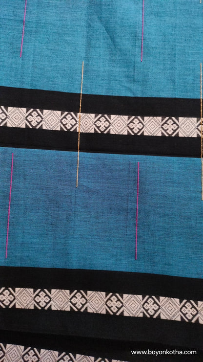 The  Loom of Midnight - Deep Teal Blue Dhonekhali Handloom Cotton Saree