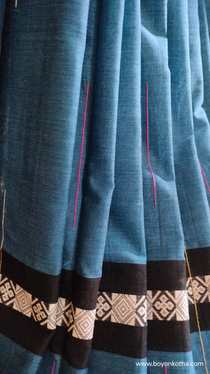 The  Loom of Midnight - Deep Teal Blue Dhonekhali Handloom Cotton Saree