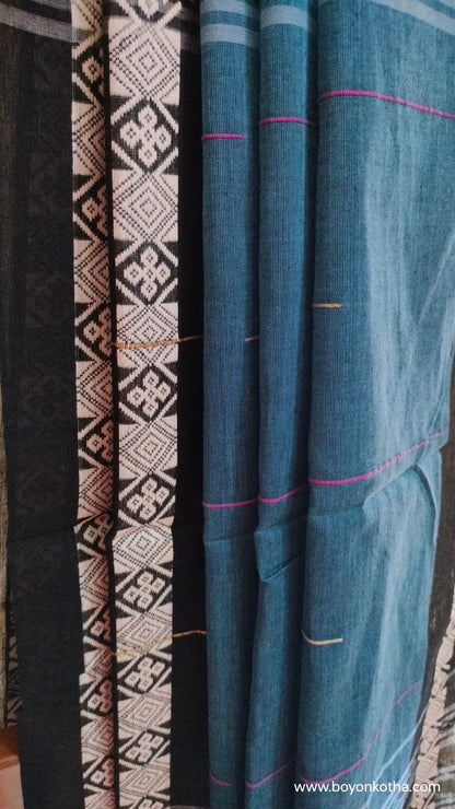 The  Loom of Midnight - Deep Teal Blue Dhonekhali Handloom Cotton Saree