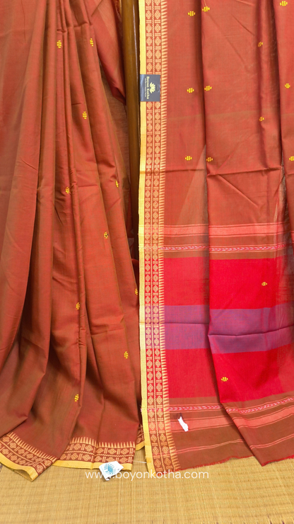 Rust Dhonekhali handloom cotton saree with red & blue stripes in the pallu and beige woven thin border; Ideal for office wear, casual gathering.