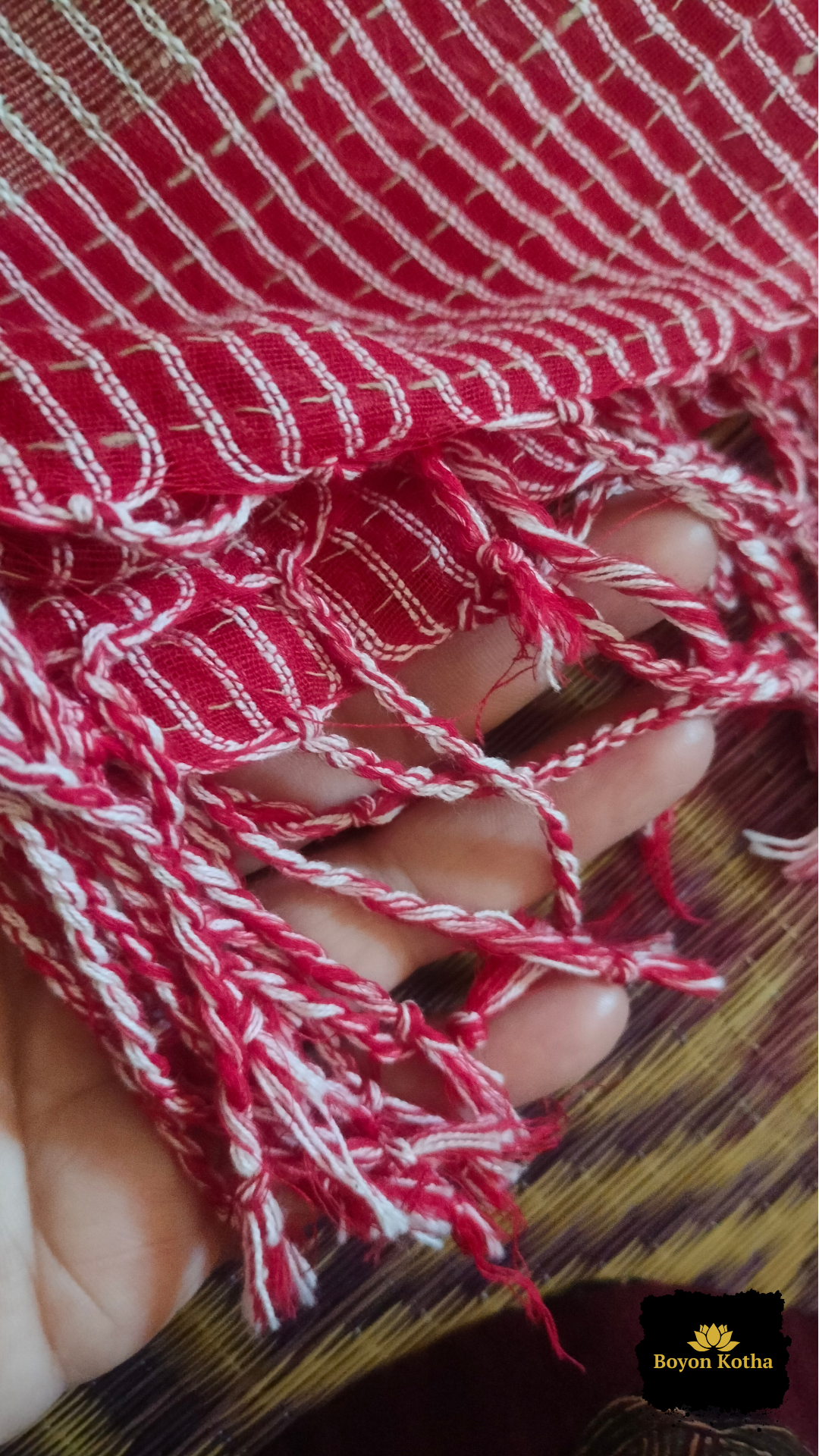 Ranga Sutra -  Red Handwoven Mercerized Cotton Saree with Woven White Stripes