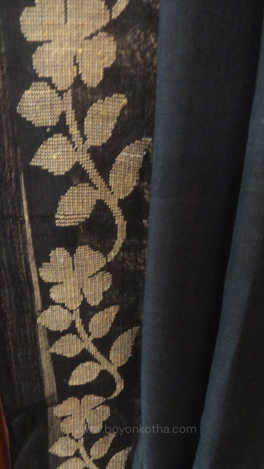Black handloom cotton saree with woven beige floral vines, bengal handloom, black cotton saree