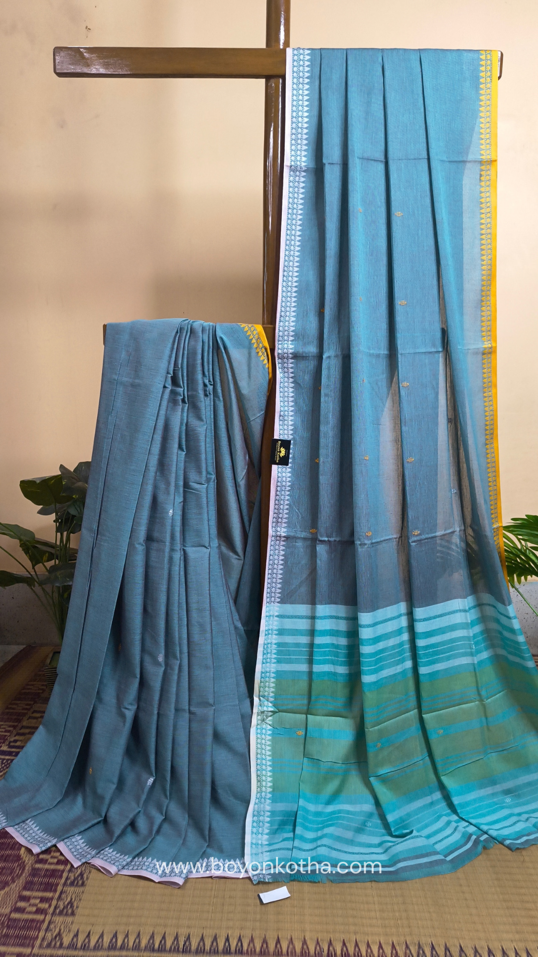 Greyish blue Dhonekhali handloom cotton saree with sky blue & yellow stripes in the pallu & dual border white & yellow, Ideal for office wear, casual gathering.