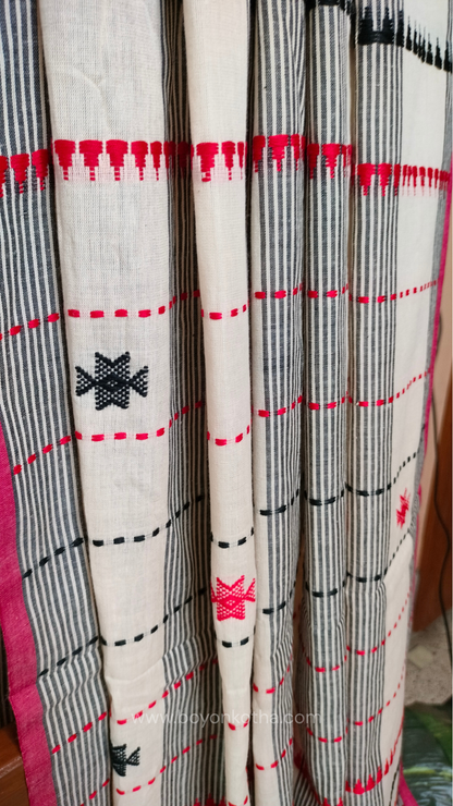 Elegant off-white Dhonekhali handloom cotton saree featuring striking black stripes and woven red and black motifs.