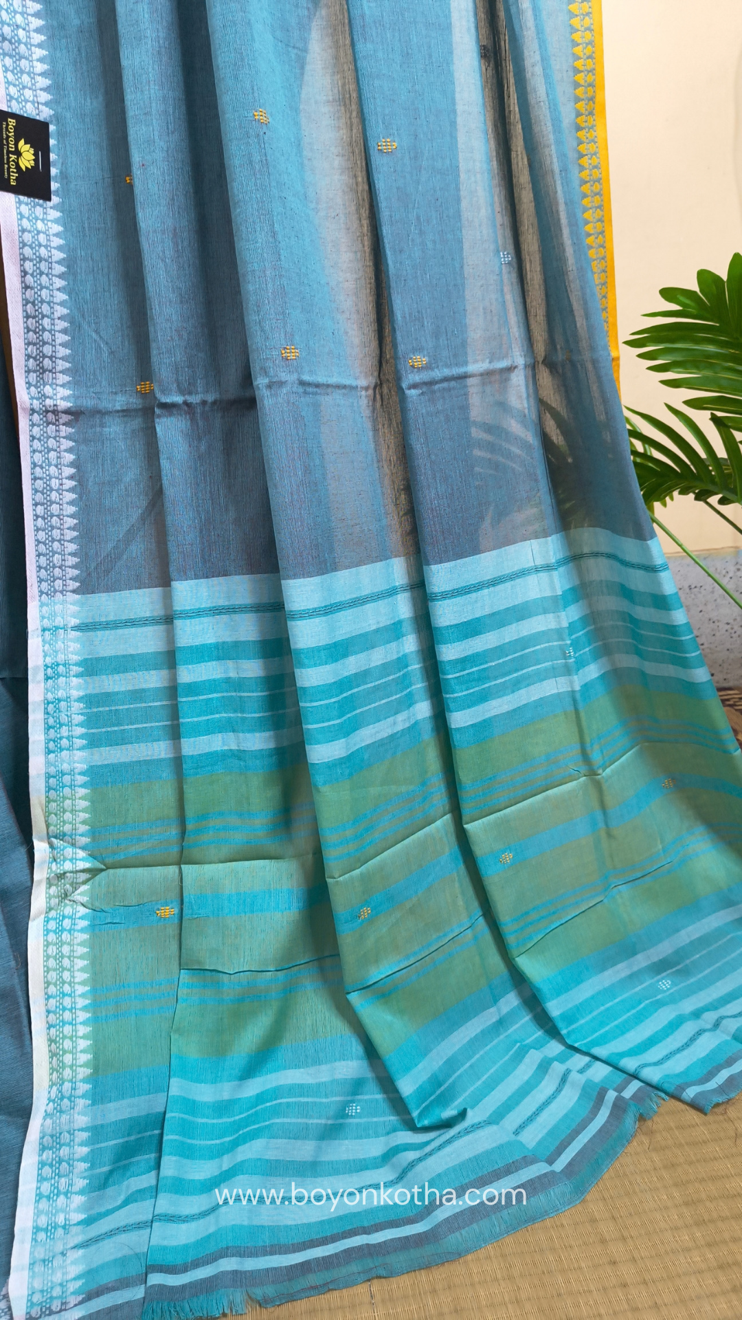 Greyish blue Dhonekhali handloom cotton saree with sky blue & yellow stripes in the pallu & dual border white & yellow, Ideal for office wear, casual gathering.