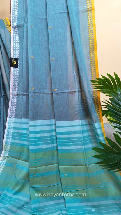 Greyish blue Dhonekhali handloom cotton saree with sky blue & yellow stripes in the pallu & dual border white & yellow, Ideal for office wear, casual gathering.