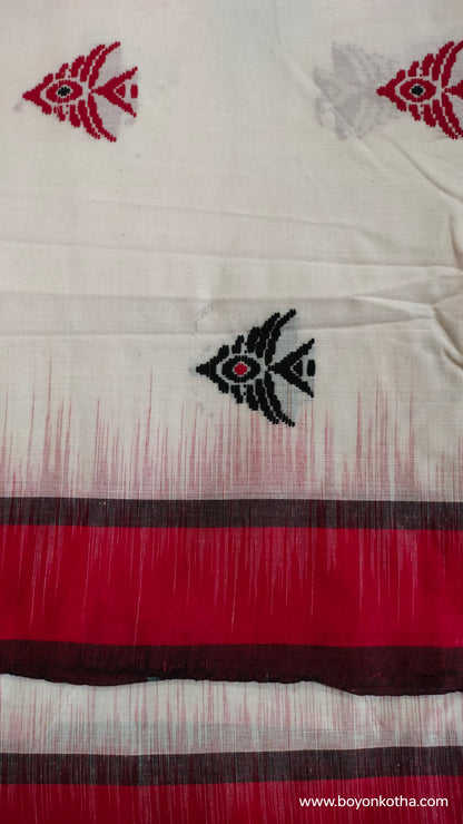 Fishtail Symphony - Crimson and White Dhonekhali Cotton Saree