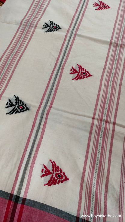 Fishtail Symphony - Crimson and White Dhonekhali Cotton Saree