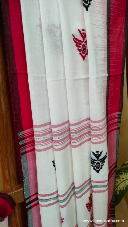 Fishtail Symphony - Crimson and White Dhonekhali Cotton Saree