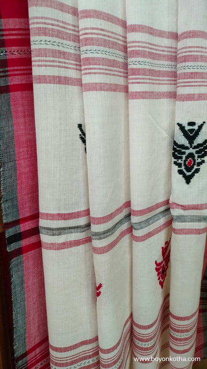 Fishtail Symphony - Crimson and White Dhonekhali Cotton Saree