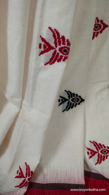 Fishtail Symphony - Crimson and White Dhonekhali Cotton Saree