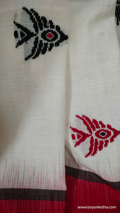 Fishtail Symphony - Crimson and White Dhonekhali Cotton Saree