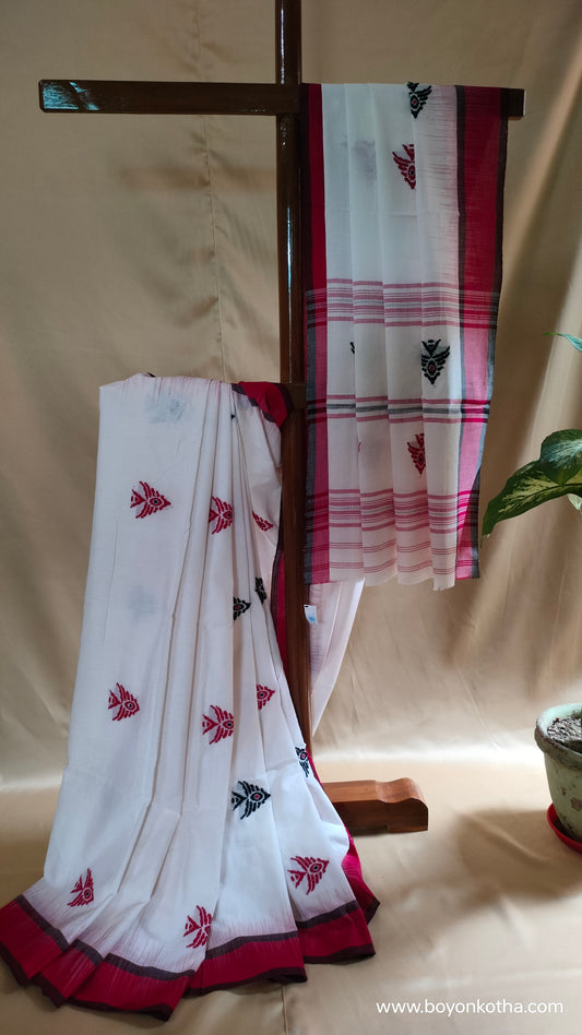 Fishtail Symphony - Crimson and White Dhonekhali Cotton Saree
