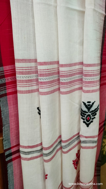 Fishtail Symphony - Crimson and White Dhonekhali Cotton Saree