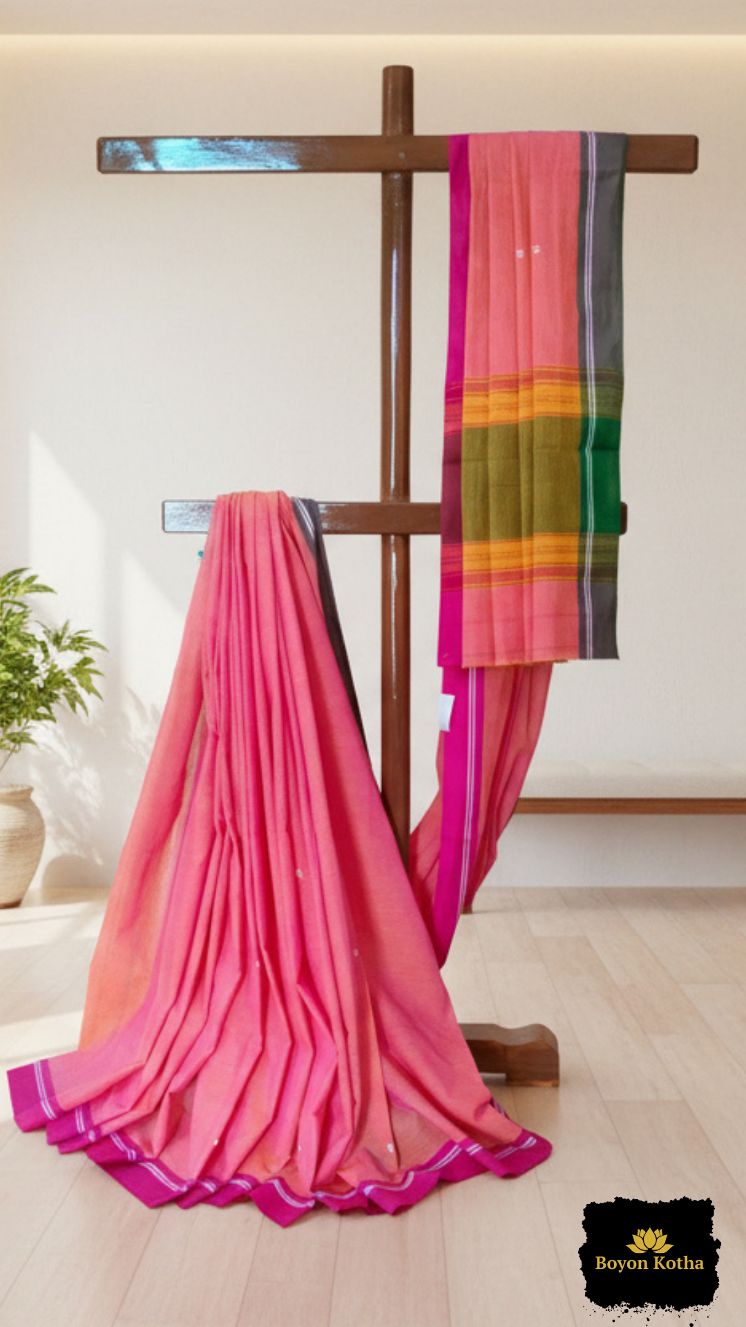 Peach handloom saree, Dhonekhali cotton saree with dual border