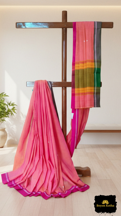 Peach handloom saree, Dhonekhali cotton saree with dual border