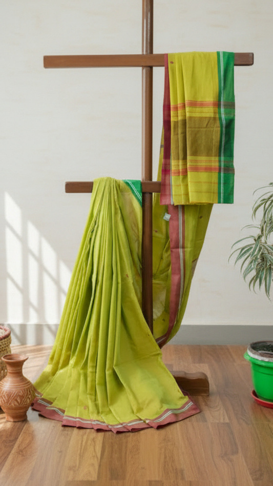 Shobuj Aalo – Green Dhonekhali Handloom Cotton Saree
