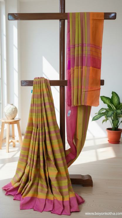 Shondher Suto - Neon Green Dhonekhali Handloom Cotton Saree