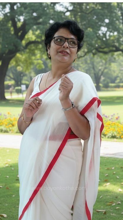 White handwoven mul cotton saree with red border, pallu ending in tassels. Red and white handloom saree, from Bengal handloom.