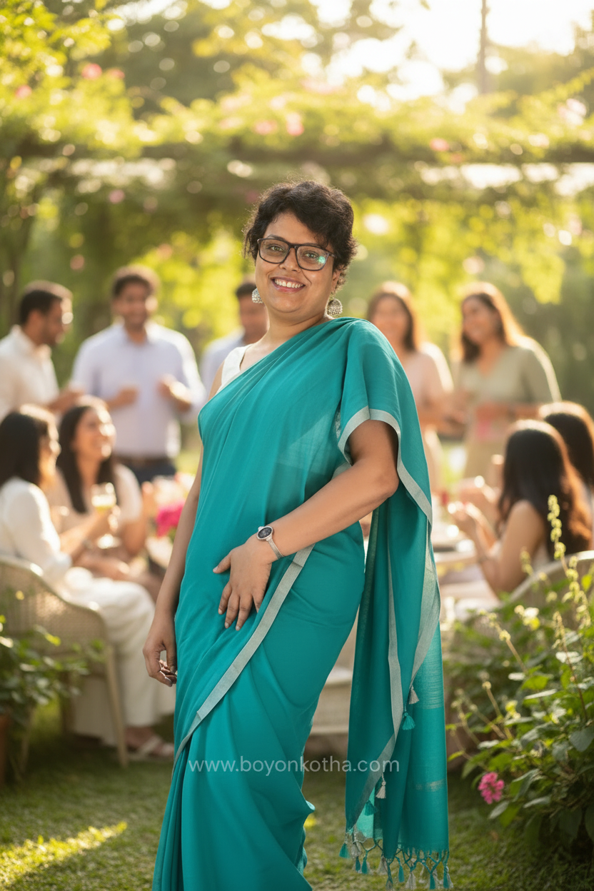 Turquoise blue  handwoven mul cotton saree with grey border, pallu ending in tassels. Plain handloom saree from Bengal.