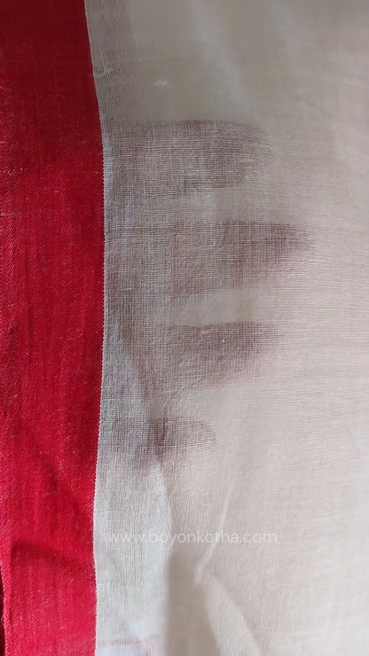 White handwoven mul cotton saree with red border, pallu ending in tassels. Red and white handloom saree, from Bengal handloom.