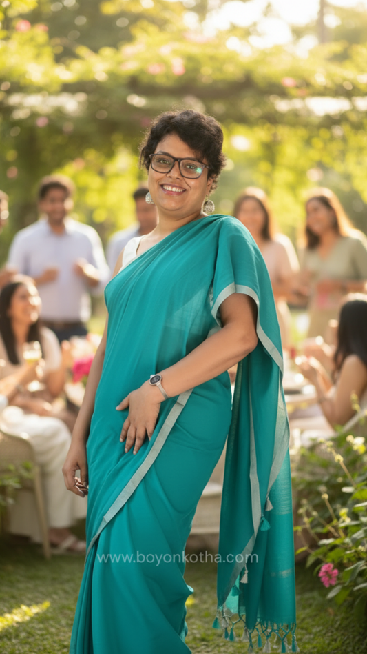 Turquoise blue  handwoven mul cotton saree with grey border, pallu ending in tassels. Plain handloom saree from Bengal.