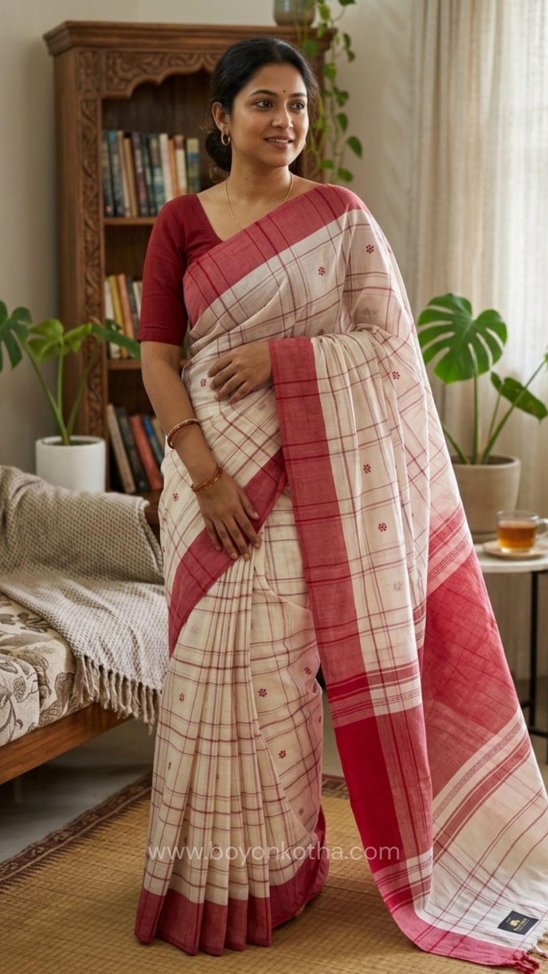 Red and white handloom cotton saree with woven checks and motifs. Dhonekhali cotton from Bengal handloom. 