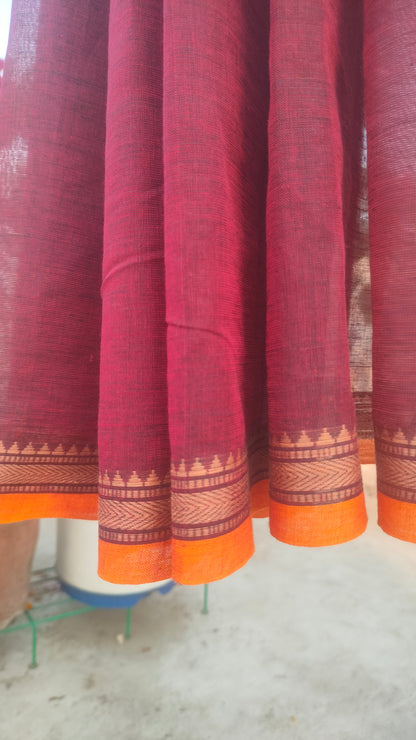 Laal Abha - Maroon Dhonekhali Handloom Cotton Saree