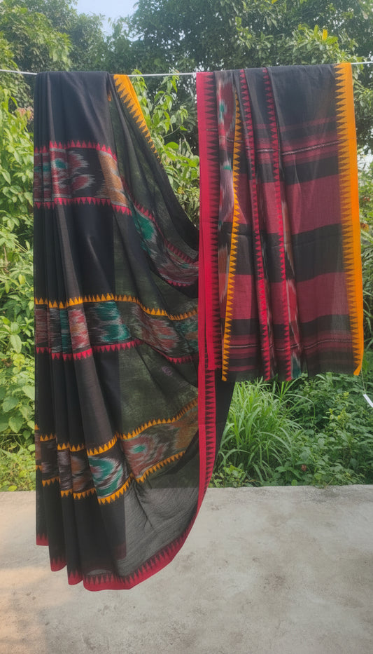 Mrittika Rekha – Black Dhonekhali Handloom Cotton Saree with Ikat Accent