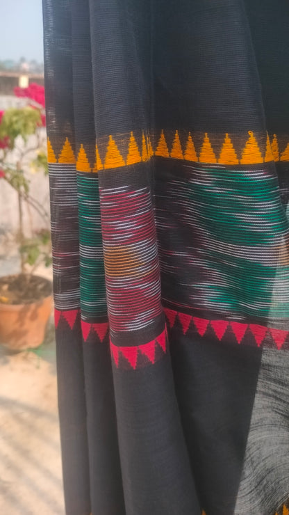 Mrittika Rekha – Black Dhonekhali Handloom Cotton Saree with Ikat Accent