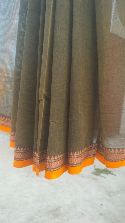 Shyamol Abha – Olive Green Dhonekhali Handloom Cotton Saree