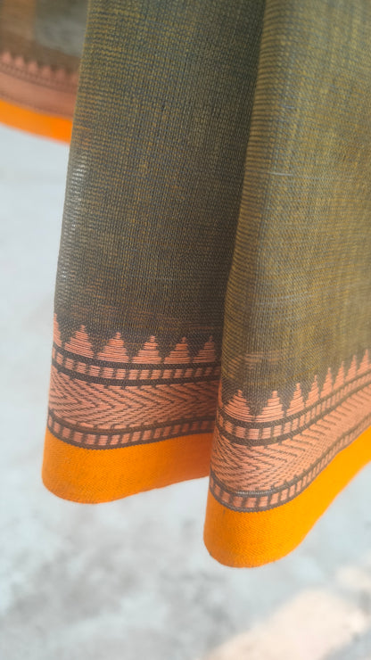 Shyamol Abha – Olive Green Dhonekhali Handloom Cotton Saree