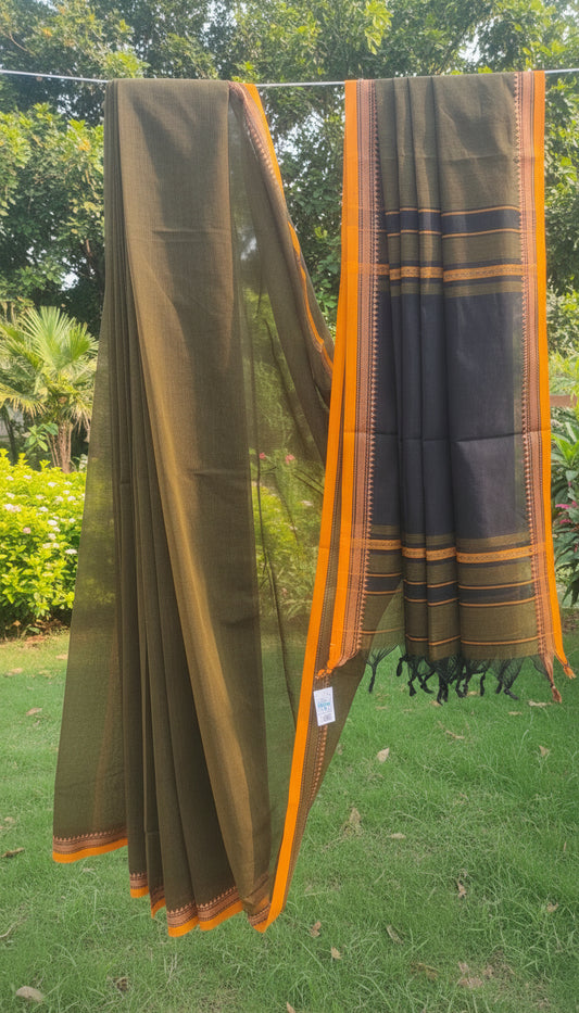 Shyamol Abha – Olive Green Dhonekhali Handloom Cotton Saree